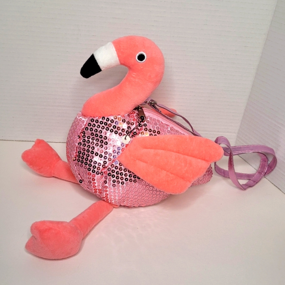 Flamingo Pink Sequin Plush Convertible Crossbody Shoulder Bag